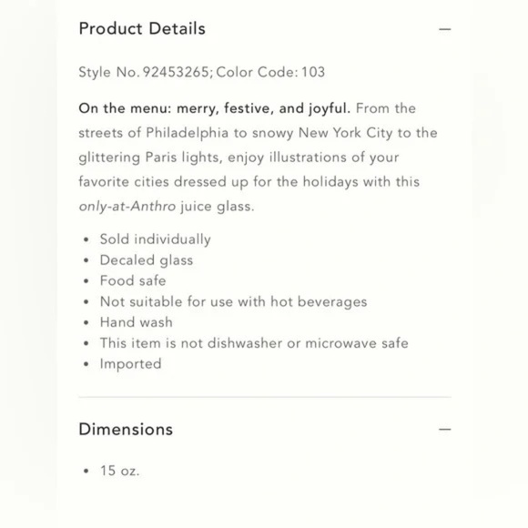 Anthropologie Holiday Time In The City Juice Glass 15 Oz. Chicago New - Picture 3 of 3